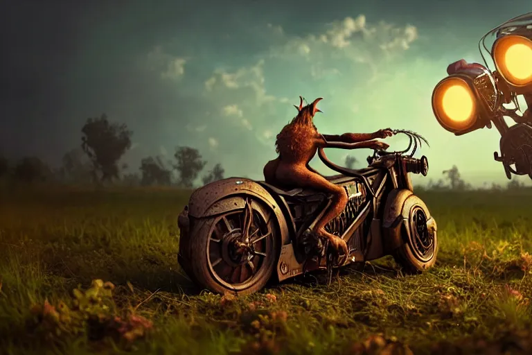 Prompt: A goblin riding a steampunk motorcycle on a dirt road in a meadow, volumetric light, studio lighting, hyperdetailed, artstation, cgsociety, 8k