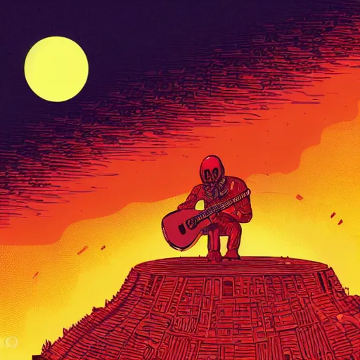 Prompt: illustration of a robot playing guitar in a ruined burning street by kilian eng, katsuhiro otomo and jean giraud moebius, biomechanical, nightime, blood moon