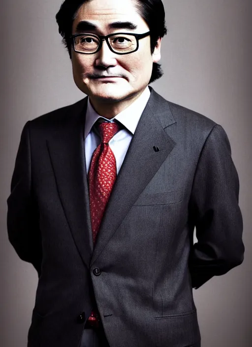 Image similar to nintendo ceo satoru iwata!!!!! as an old man with gray hair by jatenipat ketpradit and annie leibovitz and steve mccurry and richard avedon, award winning photo, portrait, emotional