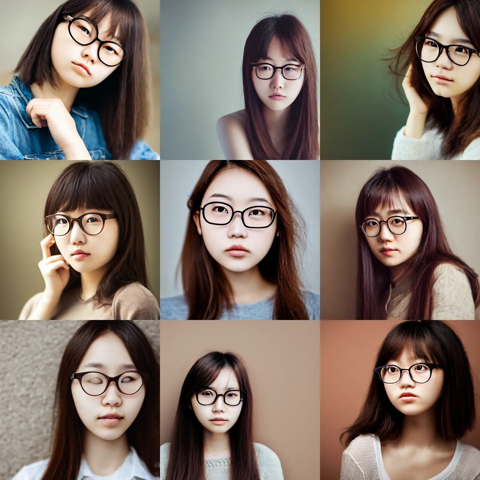 Prompt: portrait, award - winning photo, cute, beautiful, faired skin, round faced, brown colored long hair, bed hair, korean girl, wearing round glasses, trendy clothes, bokeh