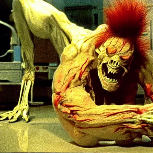 Prompt: a scary filmic wide shot color ground level angle movie still 3 5 mm film photograph of the full body of a fallen angel, with multiple mutated snarling faces with a grotesque variety of human and mechanical limbs protruding from its lower torso inside a lab, in the style of nature documentary footage, the thing 1 9 8 2