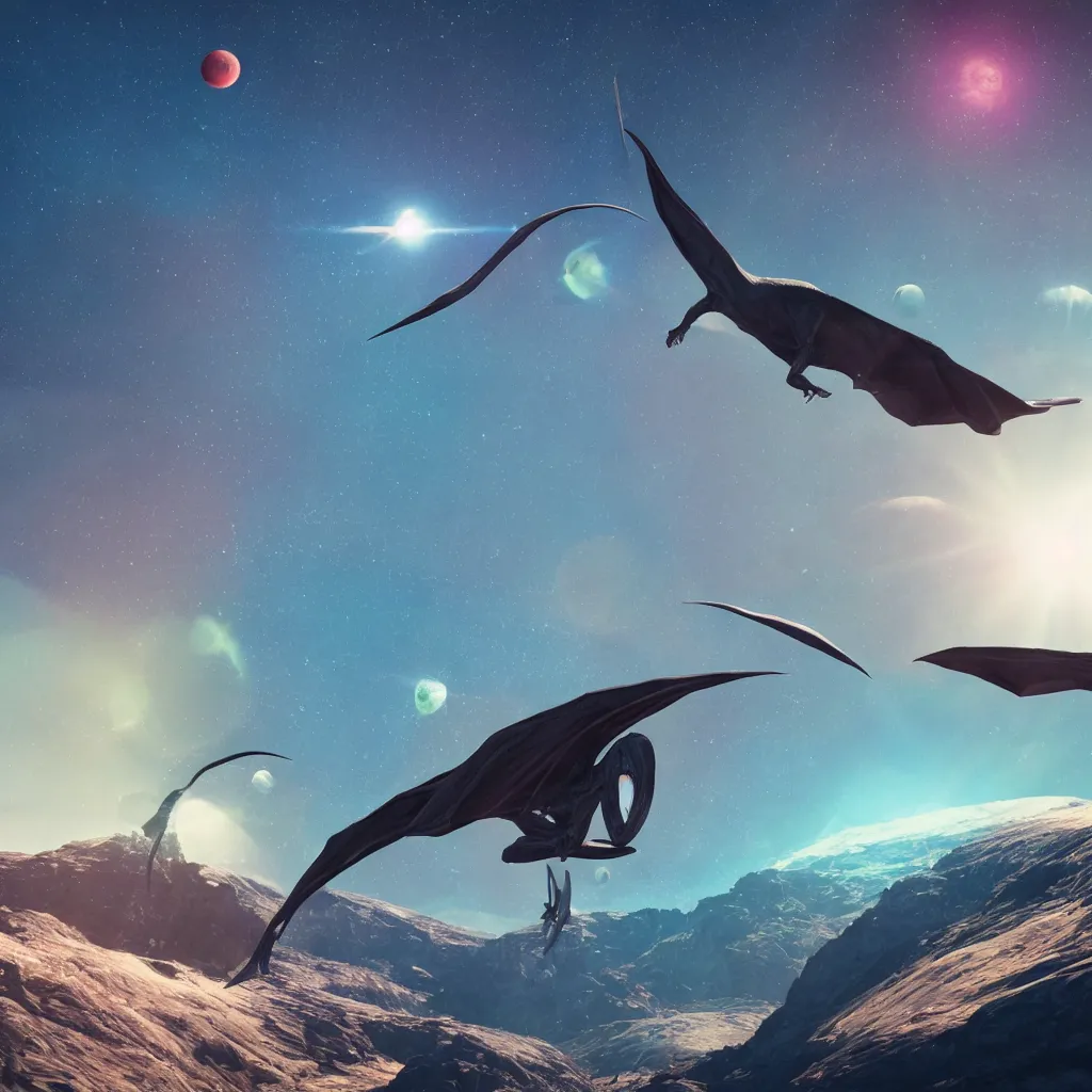 Prompt: organic alien pterodactyl flying over a mountainous alien landscape with visible planets in the sky, refraction, reflections, chromatic aberration, light scatter, ray tracing, dramatic sci-fi movie still