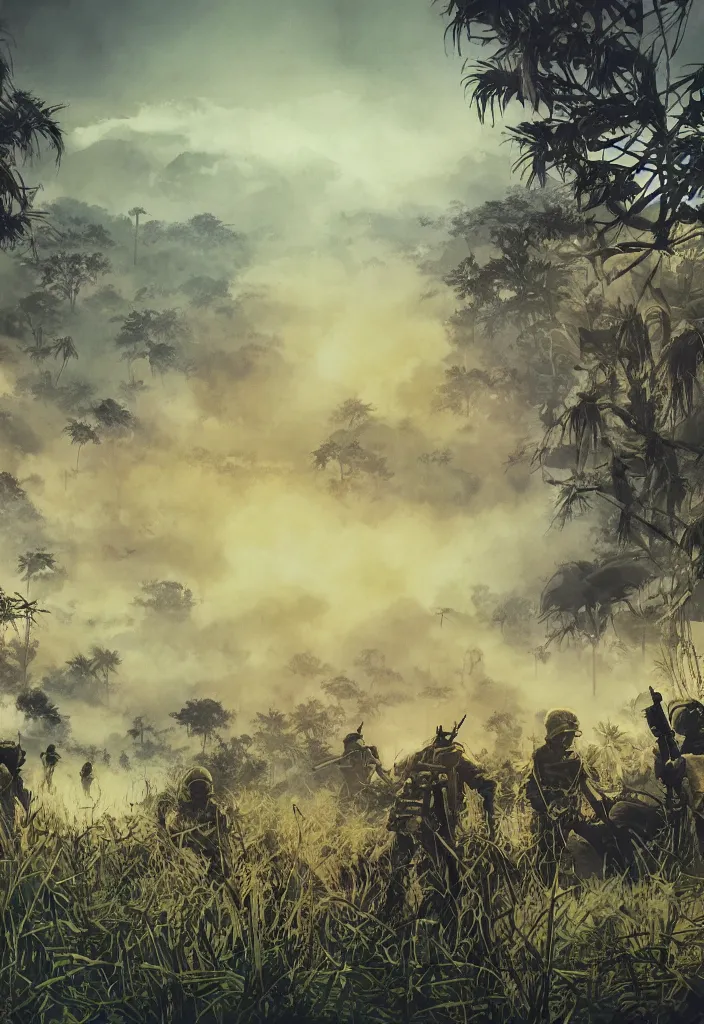 Image similar to handmade illustration of an epic Vietnam war scene with only one american soldiers stand still, the jungle at the background, some smoke and fire, blue sky with dramatic clouds, line art, ink, watercolor by Kilian Eng and by Jake Parker, heavy brushstrokes, winning-award masterpiece, fantastic, octane render, 8K HD Resolution, High quality image