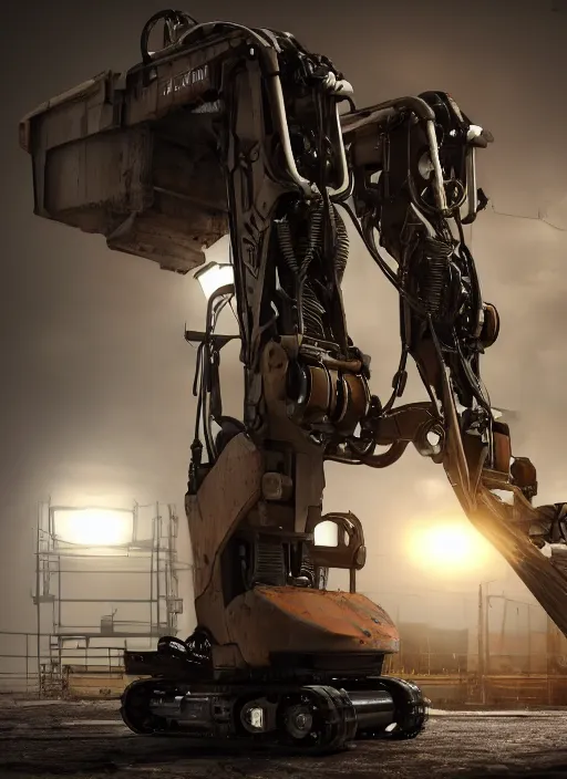 Image similar to a photorealistic dramatic hyperrealistic render of a futuristic exosuit power excavator heavy machinery, ultra realistic details, glossy yellow, well worn, rust, oil stains by vitaly bulgarov and mike nash, beautiful dramatic dark moody tones and lighting, cinematic atmosphere, studio lighting, global illumination, shadows, dark background, octane render, 8 k