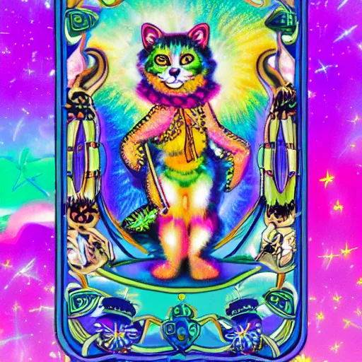 Image similar to lisa frank the world tarot card photorealistic