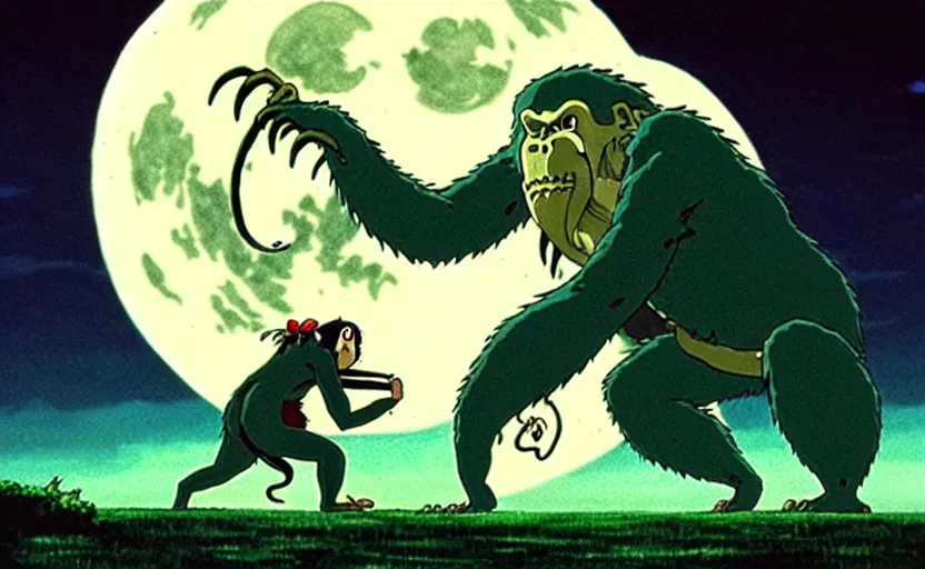 Prompt: a still from a studio ghibli movie of a cartoon cthulhu slicing open king kong from princess mononoke ( 1 9 9 7 ), in front of a pale full moon, full body, wide shot, very dull muted colors, studio ghibli, highly detailed, deviantart, art by artgem