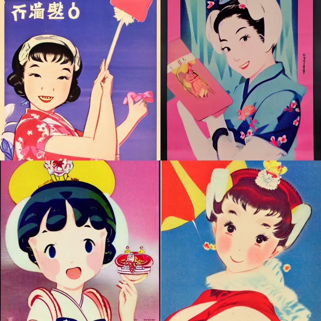 Prompt: A 1950s imperial of japan poster advertising key visual of cute kawaii girl ,