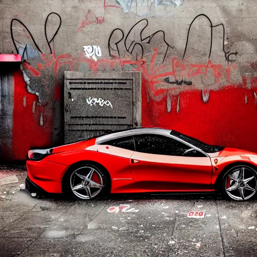 Image similar to hyper detailed and photorealistic, red ferrari, dust, humus, wet street, graffiti on wall, trash scattered, abandoned car garage, 8 k, uhd, after rain, cinematic