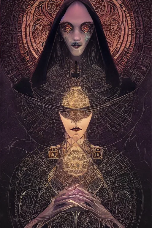 Image similar to Be Occult, a worshipper of the dark arts here for the madness, donned in an ebony cloak, fantasy, intricate, elegant, highly detailed, digital painting, artstation, ristan Eaton, victo ngai, artgerm, RHADS, ross draws