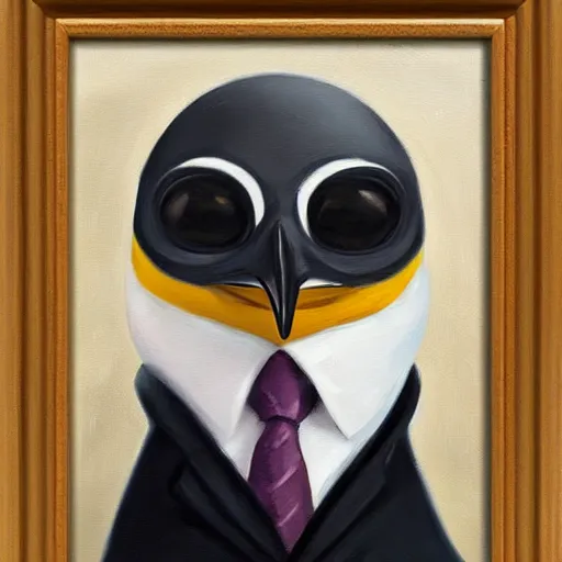 Prompt: oil painting, a developer penguin in a suit, intricate, masterpiece, artstation, stunning