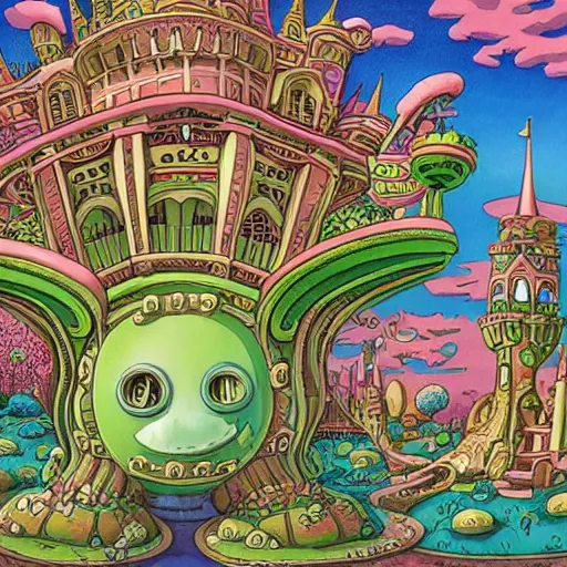 Prompt: anthropomorphic fantasy castle, a castle laughing, organic, bubbly towers and gates, eyes and tongue, surreal, cute artwork by studio ghibli, jim woodring