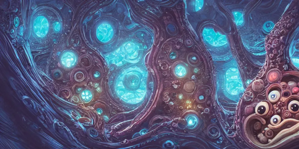 Image similar to of an intricate deep sea with strange cute friendly happy creatures with huge eyes, long tongue, round teeth and goofy funny face, appearing from the background, in the style of gehry and gaudi, macro lens, shallow depth of field, ultra detailed, digital painting, trending artstation, concept art, illustration, cinematic lighting, photorealism, epic, octane render