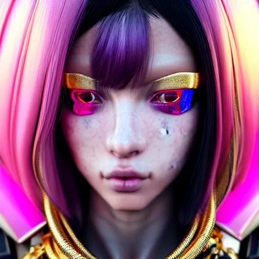 Prompt: hyperdetailed close portrait of a stunningly beautiful pink cyberpunk cute european girl with dark hair made of metals and shiny iridescent gems, dark rainbow nimbus, gold necklace, puffer jacket, inspired by ross tran and masamune shirow and kuvshinov, intricate, photorealistic, octane render, rtx, hdr, unreal engine, dnd digital art by artgerm