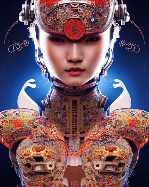 Image similar to portrait of a cyberpunk machine, machine face, upper half portrait, decorated with chinese opera motifs, asian, fine china, traditional chinese art, intricate, elegant, highly detailed, symmetry, headpiece, digital painting, artstation, concept art, smooth, sharp focus, illustration, art by artgerm and greg rutkowski and alphonse mucha, 8 k