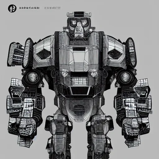 Prompt: Mcbess designed cyberpunk aesthetic TOOL album holographic cover art of a giant mech warrior. 3D octane, trending on artstation.