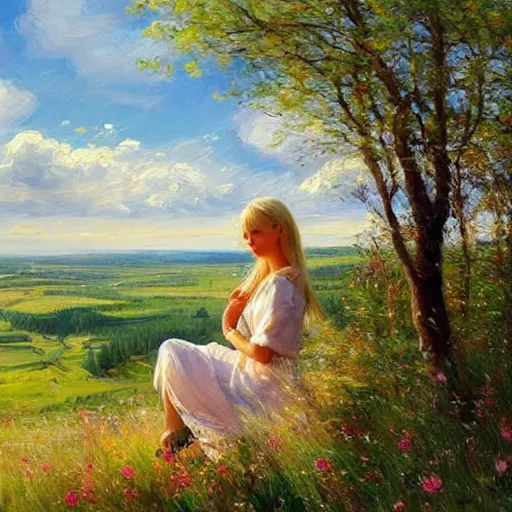 Image similar to blonde woman watching over the swedish countryside, archipelago, masterpiece, highly detailed, beautiful, atmospheric, impressionism, painting by Vladimir Volegov