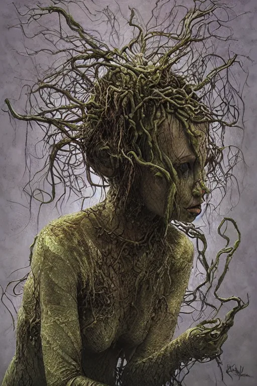 Image similar to deformed female swamp dancer twisted in vines and sludge by tomasz alen kopera.