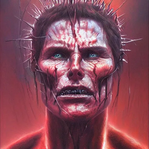 Prompt: portrait of demonic Tom Cruise with red glowing eyes in hood and crown of thorns, dark fantasy, Warhammer, artstation painted by Zdislav Beksinski and Wayne Barlowe