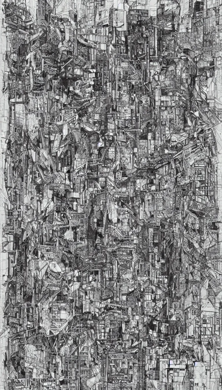 Image similar to a black and white drawing of a building, a detailed mixed media collage by hiroki tsukuda and eduardo paolozzi, intricate linework, sketchbook drawing, street art, polycount, deconstructivism, matte drawing, academic art, constructivism