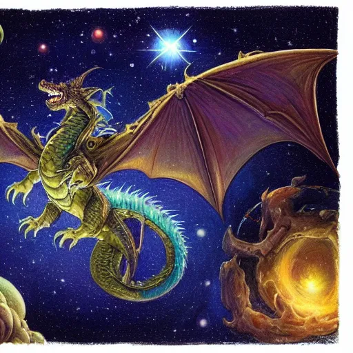 Image similar to A beautiful illustration of a dragon in space by Justin Gerard. The dragon is in the foreground with its mouth open, revealing rows of sharp teeth. Its body is coiled and ready to strike, and its tail is wrapped around a star in the background. The colors are bright and the background is full of stars and galaxies. The overall effect is one of chaotic energy and movement. metaphysical painting by Pete Turner realistic, ornate