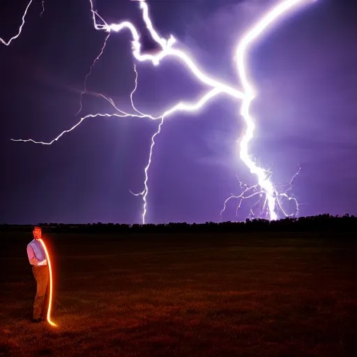 Image similar to man + tesla coil lightning, photo, detailed, 4 k