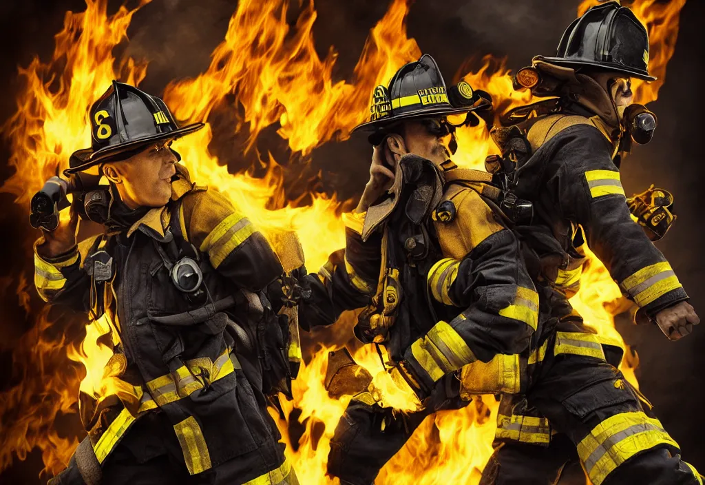 Prompt: heroic firefighter in action in black and yellow uniform, fire flames, sharp details, sharp focus, elegant, highly detailed, by eduardo fornieles and matias hannecke and lucia massucco, unreal engine, trending on artstation, photorealistic, octane, hyper detailed, intricate