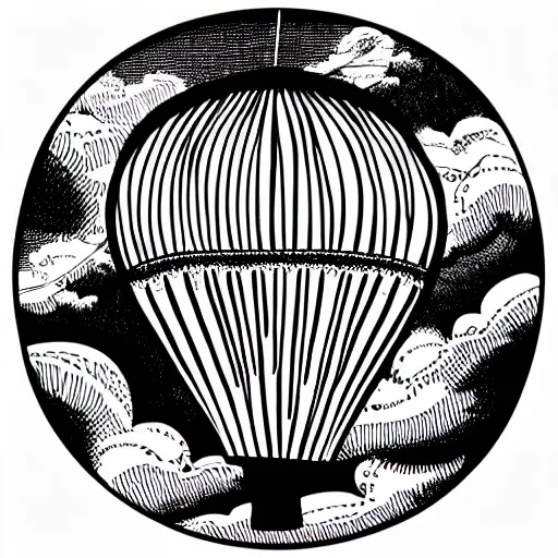 Prompt: a victorian air balloon in the clouds, sticker illustration by joe fenton , black and white, line art, intricate details