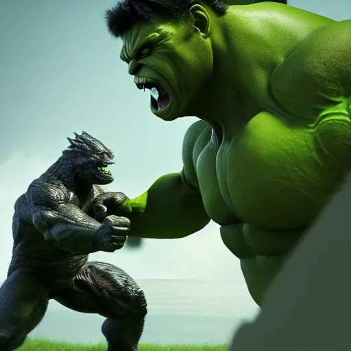 Image similar to 3 d photo of the hulk fighting godzilla, 3 d render, unreal engine, octane render, ray tracing, unity, highly detailed, high quality, hd, 4 k, 8 k, realistic, sharp, trending