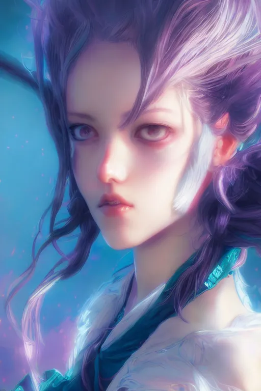 Image similar to portrait of cute girl, beautiful, fantasy, colorful, cinematic lighting, artstation, trending, highly detailed, focus, smooth, by hirohiko araki and yoshitaka amano