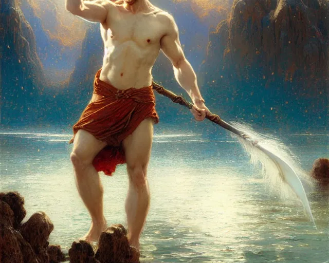 Image similar to attractive male wizard casting powerful giant tsunami spell in a beautiful lake. highly detailed painting by gaston bussiere, craig mullins, j. c. leyendecker 8 k