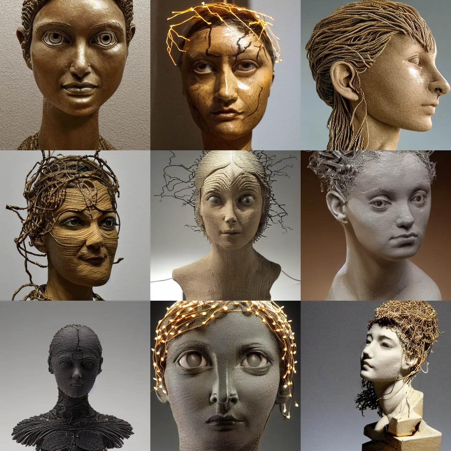 Prompt: an intricate and extremely detailed sculpture of a female head made of electricity
