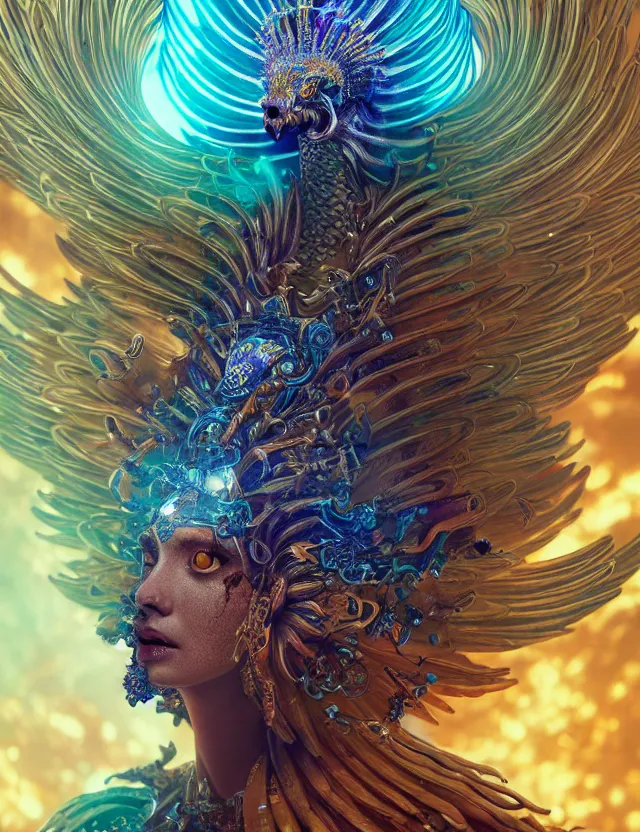 Image similar to goddess phoenix macro close - up portrait with crown made of ram skull. phoenix, betta fish, jellyfish, bioluminiscent, plasma, wind, creature, super intricate ornaments artwork by tooth wu and wlop and beeple and greg rutkowski