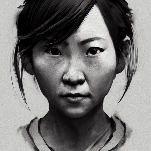 Image similar to portrait of a short muscular Japanese woman with a short ponytail wearing a gray t shirt and a work apron, dramatic lighting, illustration by Greg rutkowski, yoji shinkawa, 4k, digital art, concept art, trending on artstation