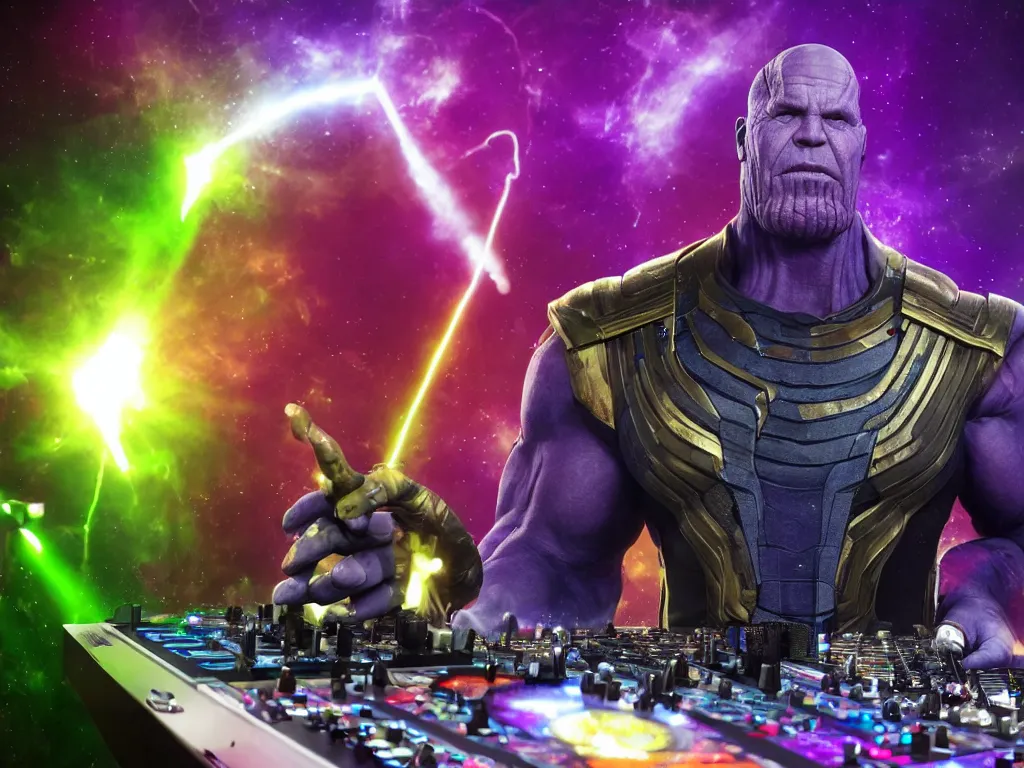 Image similar to photo of Thanos is djing at an underground warehouse rave, he is looking stressed because he is bombing badly. award winning, atmosphere, coloured lasers and stage lighting, stage smoke, 1x