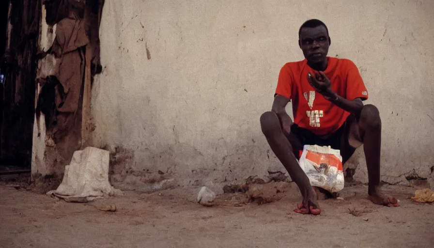 Prompt: movie still by djibril diop mambety of a man with stomach on his knee, cinestill 8 0 0 t