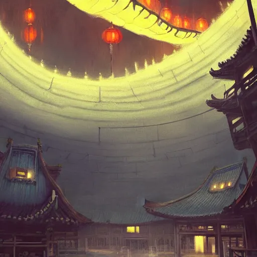 Prompt: a chinese prison at night lit by the stars, wispy smoke, highly detailed, very intricate, symmetrical, cinematic lighting, award - winning, painted by mandy jurgens, peter doig, dystopian, bold colors, dark vibes, anime aesthetic, featured on artstation