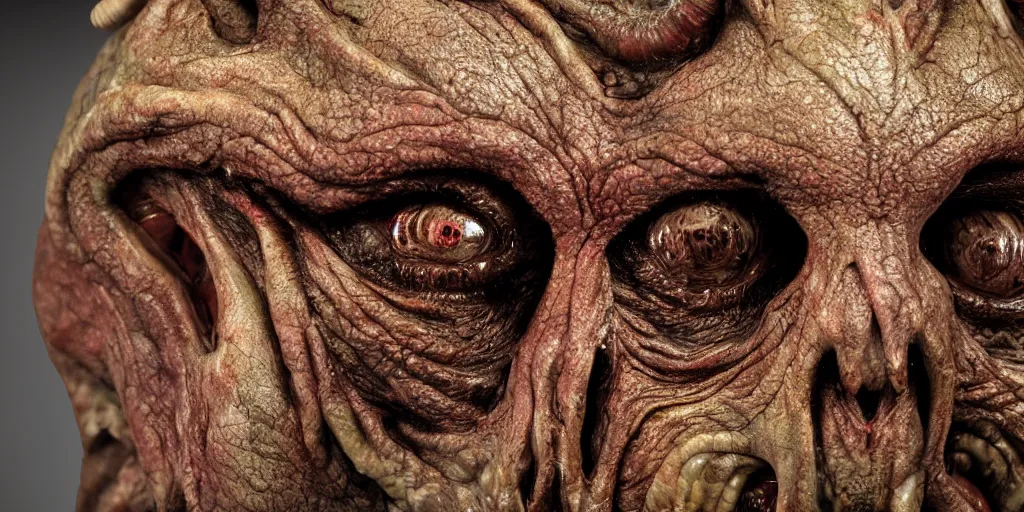 Image similar to a chtulhu creature head closeup, studio lighting, deep colors, apocalyptic setting, gross, evil