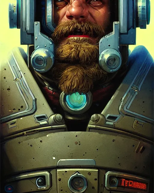 Image similar to torbjorn from overwatch, character portrait, portrait, close up, concept art, intricate details, highly detailed, vintage sci - fi poster, retro future, vintage sci - fi art, in the style of chris foss, rodger dean, moebius, michael whelan, and gustave dore