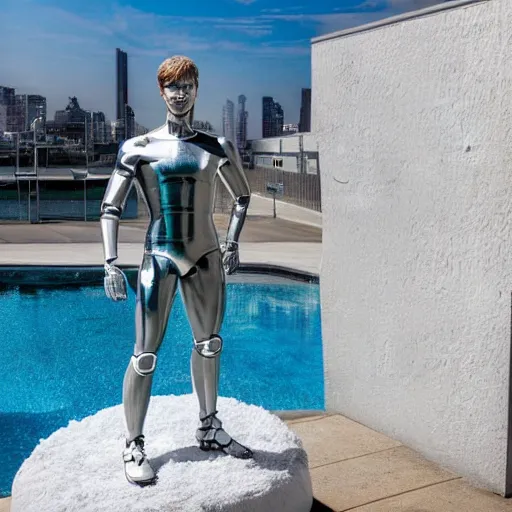 Image similar to a realistic detailed photo of a guy who is an attractive humanoid who is half robot and half humanoid, who is a male android, soccer player martin ødegaard, shiny skin, posing like a statue, blank stare, by the pool, on display, showing off his muscles, humanoid robot, frozen ice statue