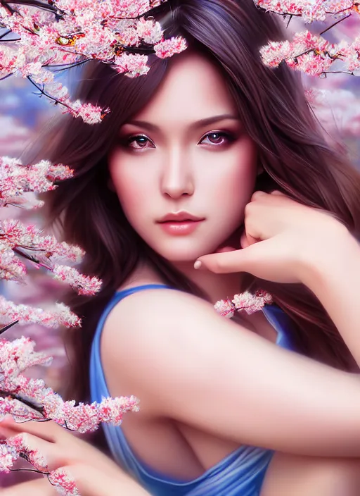 Image similar to photo of a gorgeous female in the style of stefan kostic, realistic, half body shot, sharp focus, 8 k high definition, insanely detailed, intricate, elegant, art by stanley lau and artgerm, extreme blur cherry blossoms background