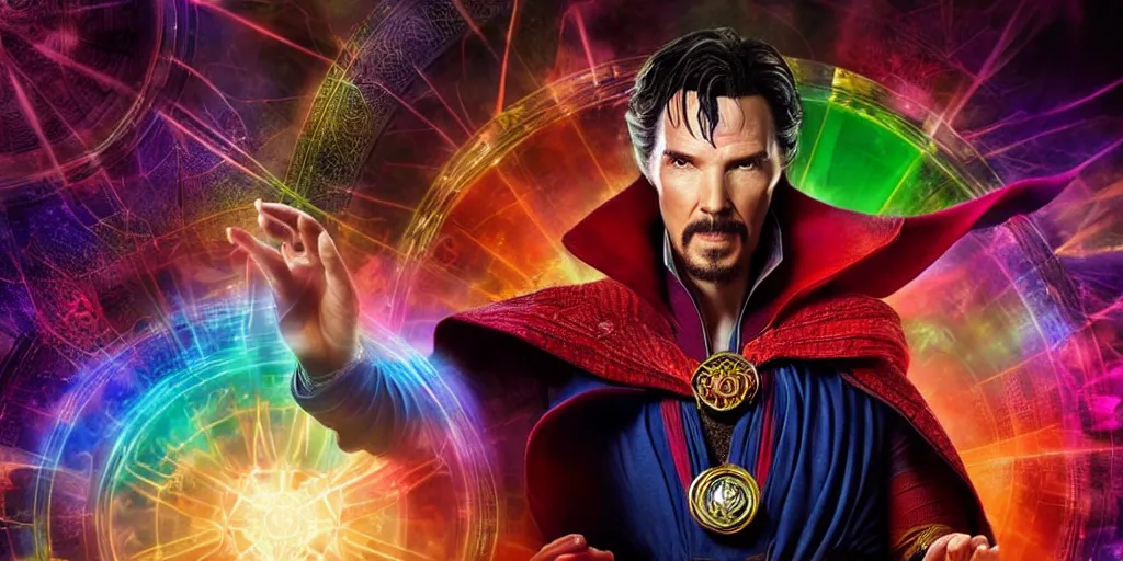 Prompt: doctor strange with the face of waya steurbaut hero combination rainbow glowing suite high resolution film render 100k, photo realistic, epic, colourful close up shot