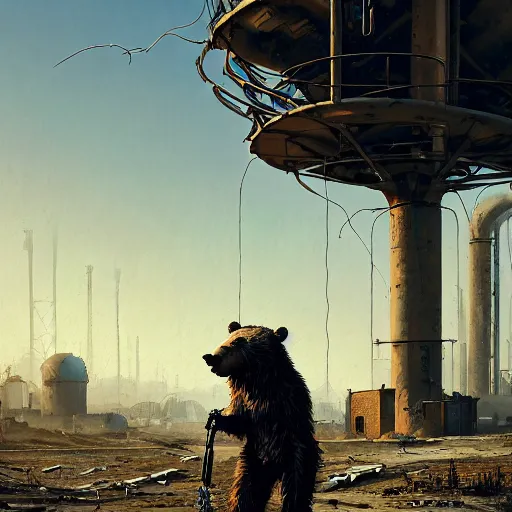 Prompt: a steampunk cyborg grizzly bear with laser eyes walking in a wasteland, abandoned barn in the background, collapsed water tower, painting by Greg Rutkowski, Felix Kelly and Syd Mead, high detail, atmospheric lighting, matte painting, light and shadow, octane render, artstation trending, 4k UHD