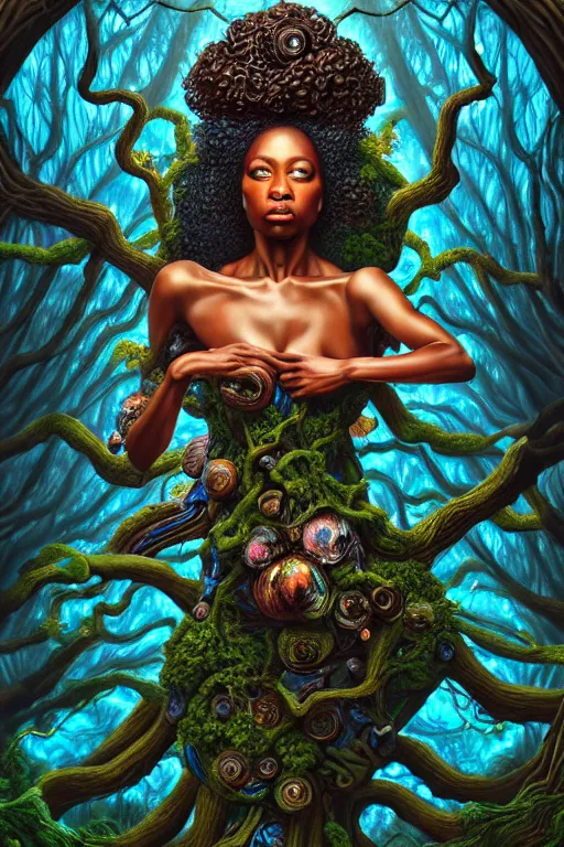 Image similar to hyperrealistic post-rococo super expressive! black woman with exoskeleton armor, merging with tree in a forest, highly detailed digital art masterpiece smooth cam de leon hannah yata dramatic pearlescent blue teal light ground angle hd 8k sharp focus