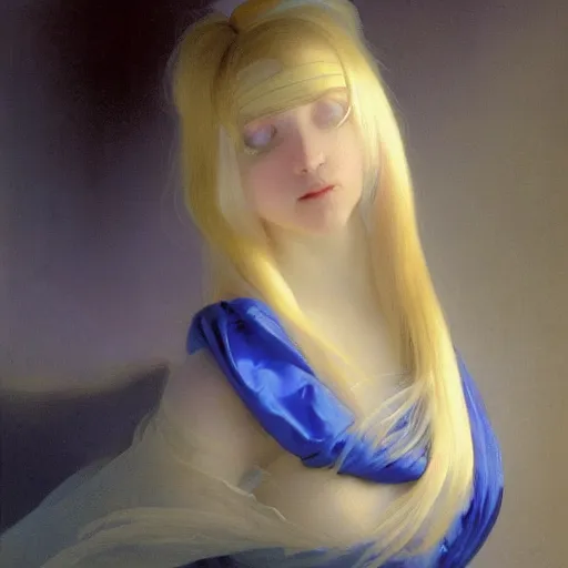 Prompt: young woman's face, her hair is white and she wears a cobalt blue duchesse satin cloak, by ivan aivazovsky and syd mead and moebius and gaston bussiere and roger dean and willem claesz and pieter claesz and paul delaroche and alma tadema and aelbert cuyp, hyperrealistic, volumetric light, octane