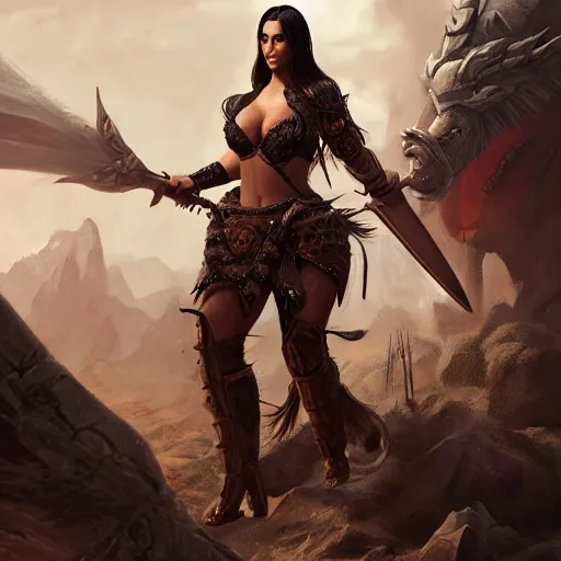 Image similar to kim kardashian as a female barbarian in heavy armor standing on a dragons corpse, au naturel, hyper detailed, digital art, trending in artstation, cinematic lighting, studio quality, smooth render, unreal engine 5 rendered, octane rendered, art style by klimt and nixeu and ian sprigger and wlop and krenz cushart