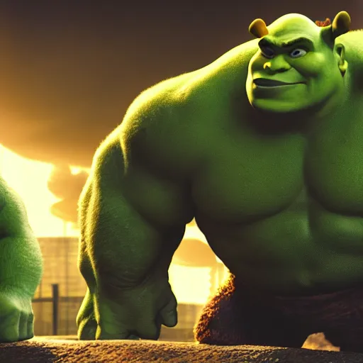 Image similar to shrek and the hulk are best friends, wide shot, dramatic lighting, octane render, hyperrealistic, HD