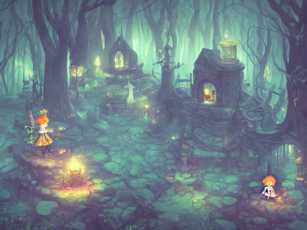Image similar to cute fumo plush gothic witch girl exploring a forbidden cursed magic temple in the woods, magical glow, isometric perspective, orthographic, vignette, vray