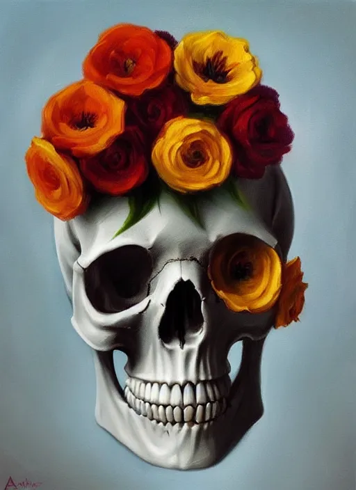 Prompt: flowers arranged in the shape of a human skull oil painting beautfiul artstation portfolio trending