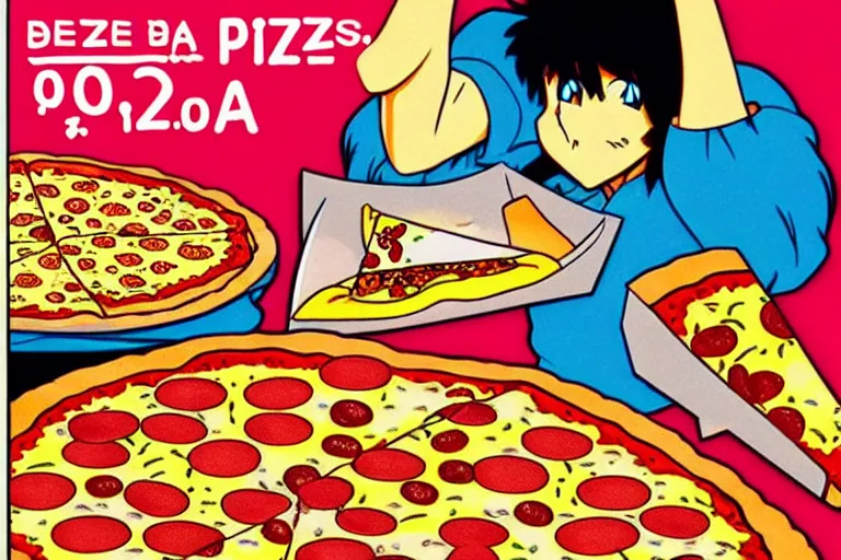 Prompt: pizza, 80s, advertisement, anime, explosion!!!!