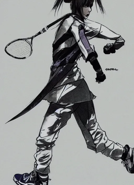 Image similar to a yoji shinkawa sketch of a ninja tennis player girl holding a sword wearing a puffy anorak and short white skirt and yeezy 5 0 0 sneakers